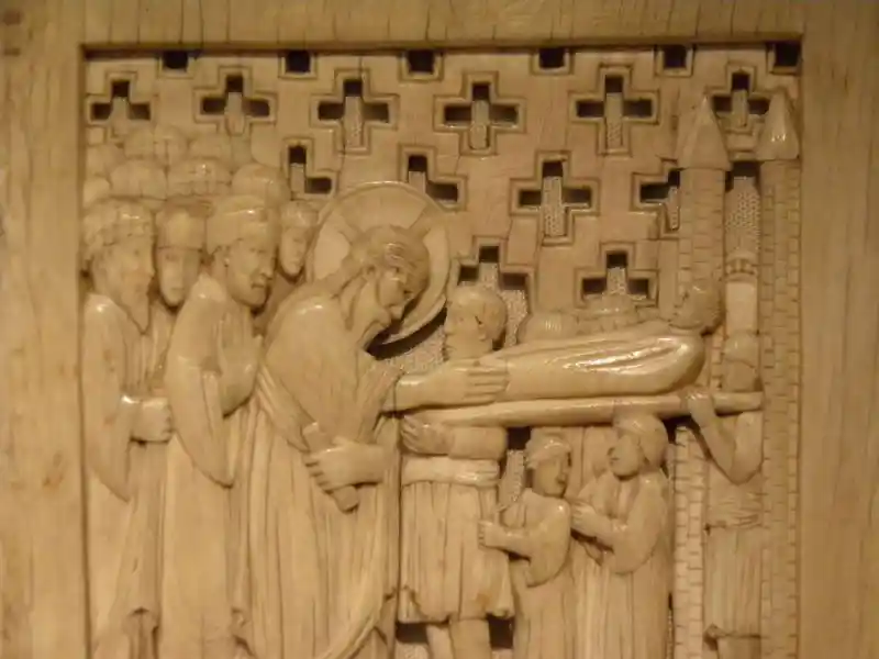 Ottonian Ivory. Raising of the Widow of Nain's Son. Sunk panel; ivory; carved partly in open-work